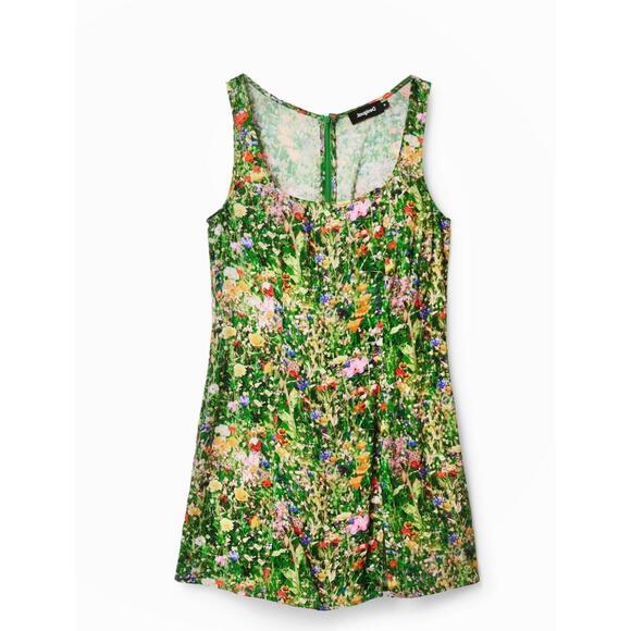 Desigual Dresses & Skirts - Desigual Green Floral Tank Mini Dress Rear Zip Square Neck Resortwear Vacation